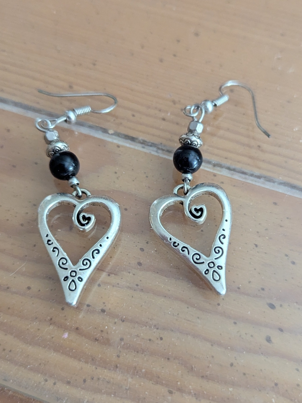 Silver-Tone Heart Dangle Earrings with Black Bead